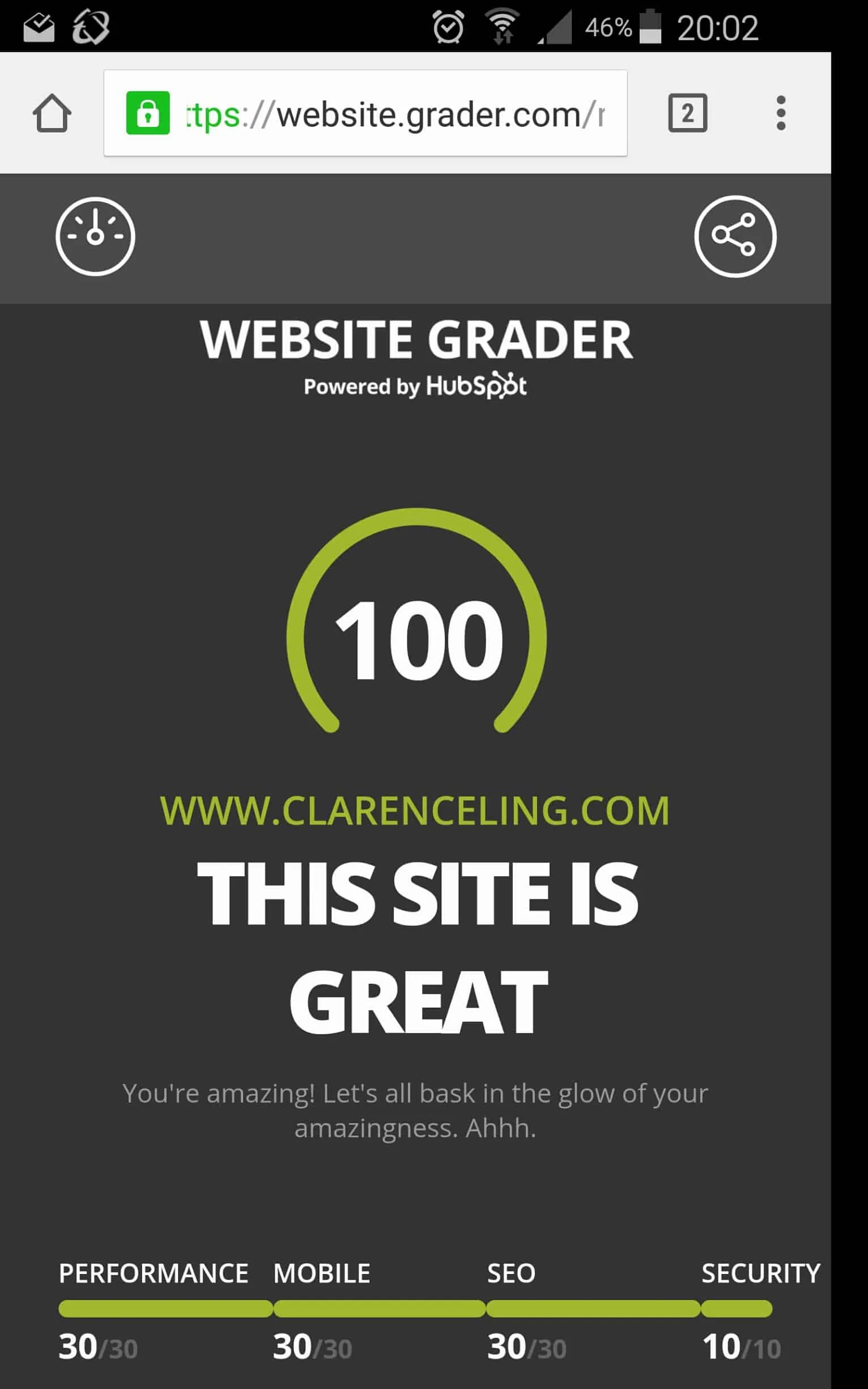 Hubspot website grader clarence ling perfect score 100/100