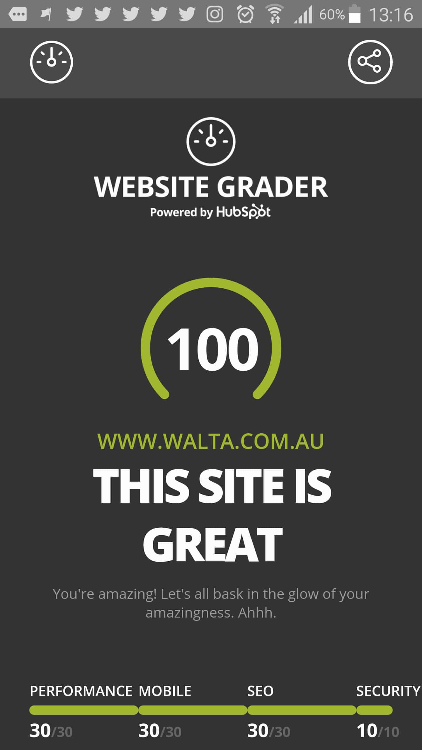 Hubspot website grader Clarence Ling Walta website perfect score 100/100